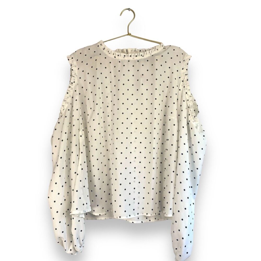 Womens XL Polka Dot Blouse Cold Shoulder Ruffle Black White Long Sleeve 425